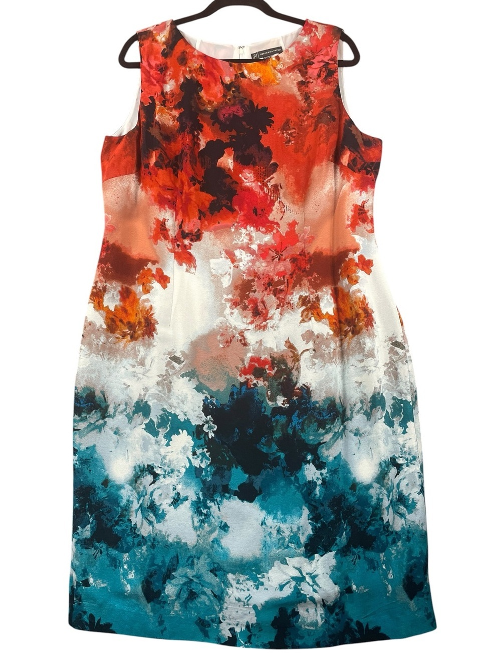 Adrianna Papell Sleeveless Polished Vibrant Red/Blue Floral Gradient Dress Sz 16